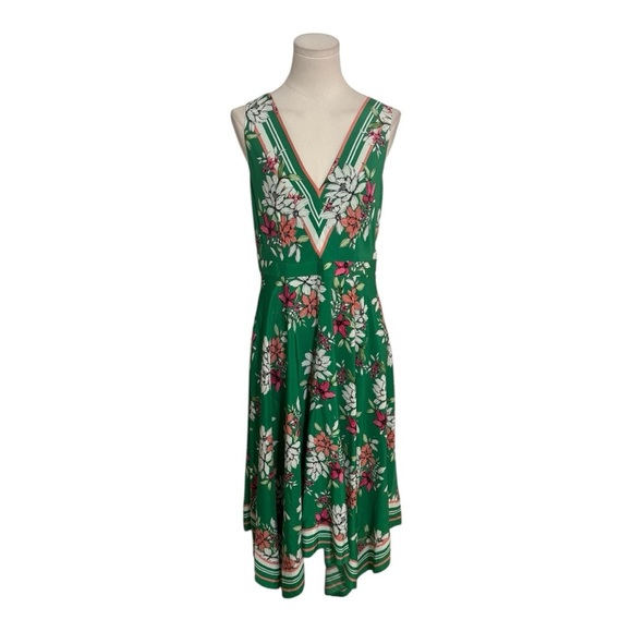 VINCE CAMUTO Floral Handkerchief Hem A Line Midi Dress 8 Green Pink Sleeveless - Picture 2 of 8